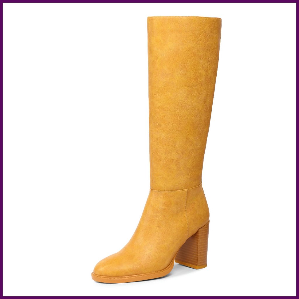 Knee High Boots Square Toe Chunky Heel Side Zipper Comfort Tall Boots
